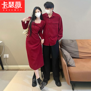 订婚情侣装高级感蝴蝶结连衣裙氛围感红色平时可穿回门服男士衬衫