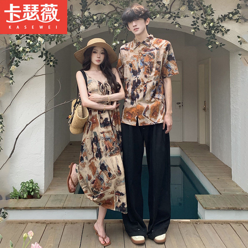 度假风情侣装夏季碎花吊带收腰显瘦连衣裙沙滩短袖衬衫一衣一裙潮