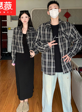 小众设计感情侣装秋季韩版衬衫男女一长一短两件套法式一裙一衣潮