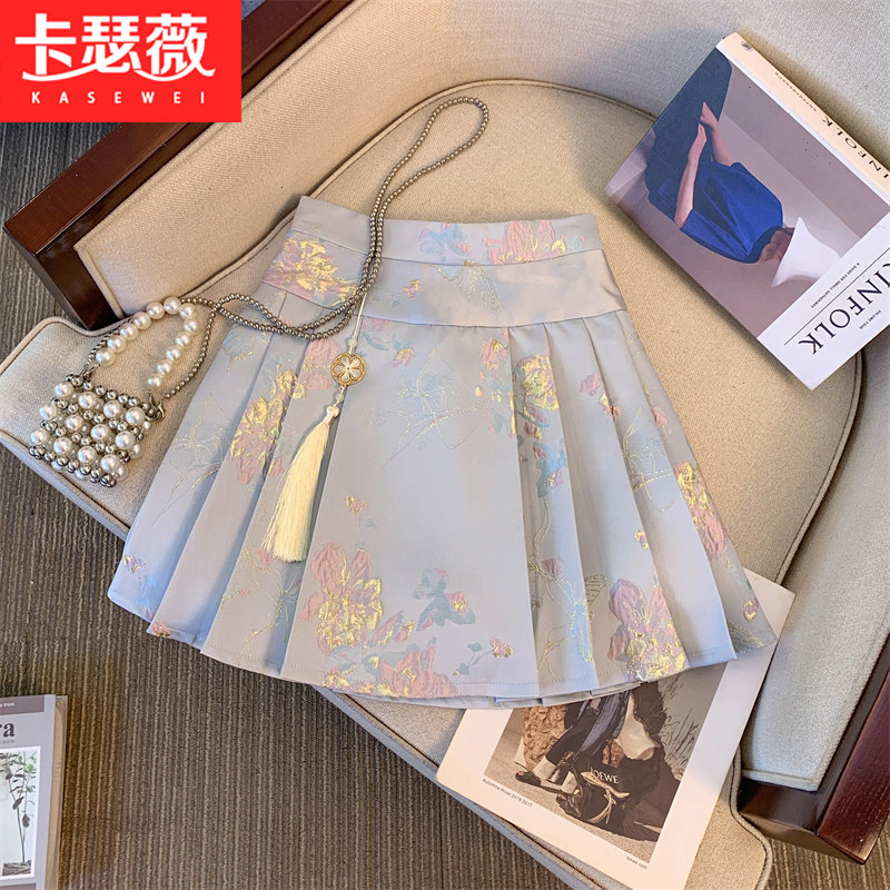 提花百褶半身裙少女夏装2025新款初中高中学生高腰a字国风短裙子