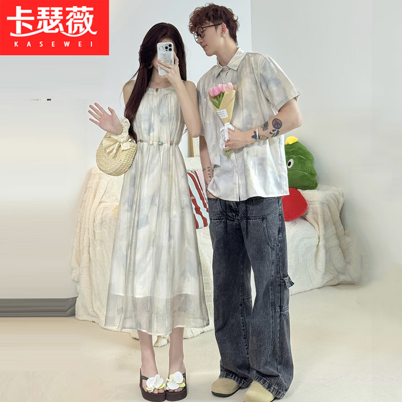 海边沙滩度假情侣装夏季浅色碎花显瘦收腰吊带连衣裙法式一裙一衣