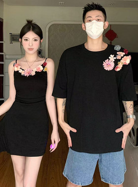 鱼骨收腰情侣装男T恤你衣我裙