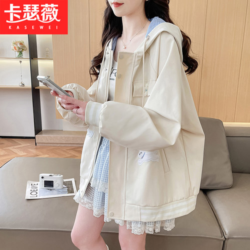复古格纹连帽刺绣外套少女2026秋冬新款初中高中学生宽松夹克上衣
