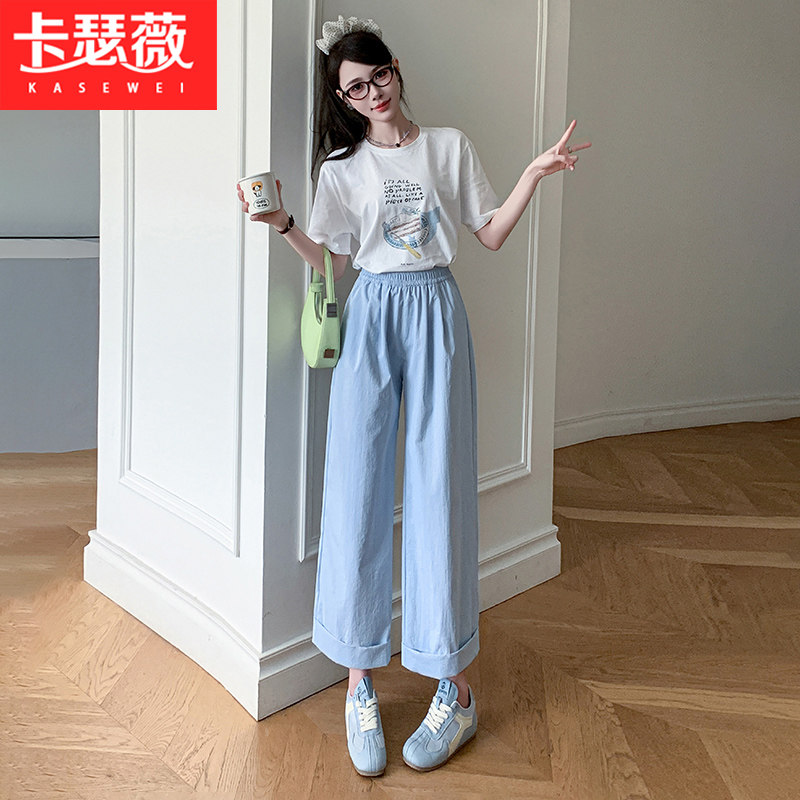 糖果色印花T恤套装少女2025夏装新款初高中学生显瘦休闲九分裤子