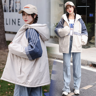 拼色工装外套少女冬季初中高中学生加绒加厚情侣连帽宽松百搭棉衣