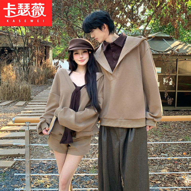 情侣装2026秋冬新款美式连帽加厚卫衣男套装女背心短裤时尚三件套