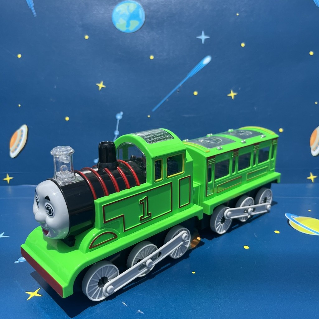 绿色儿童电动灯光音乐闪光万向轮会转弯带车厢小火车头玩具车男孩