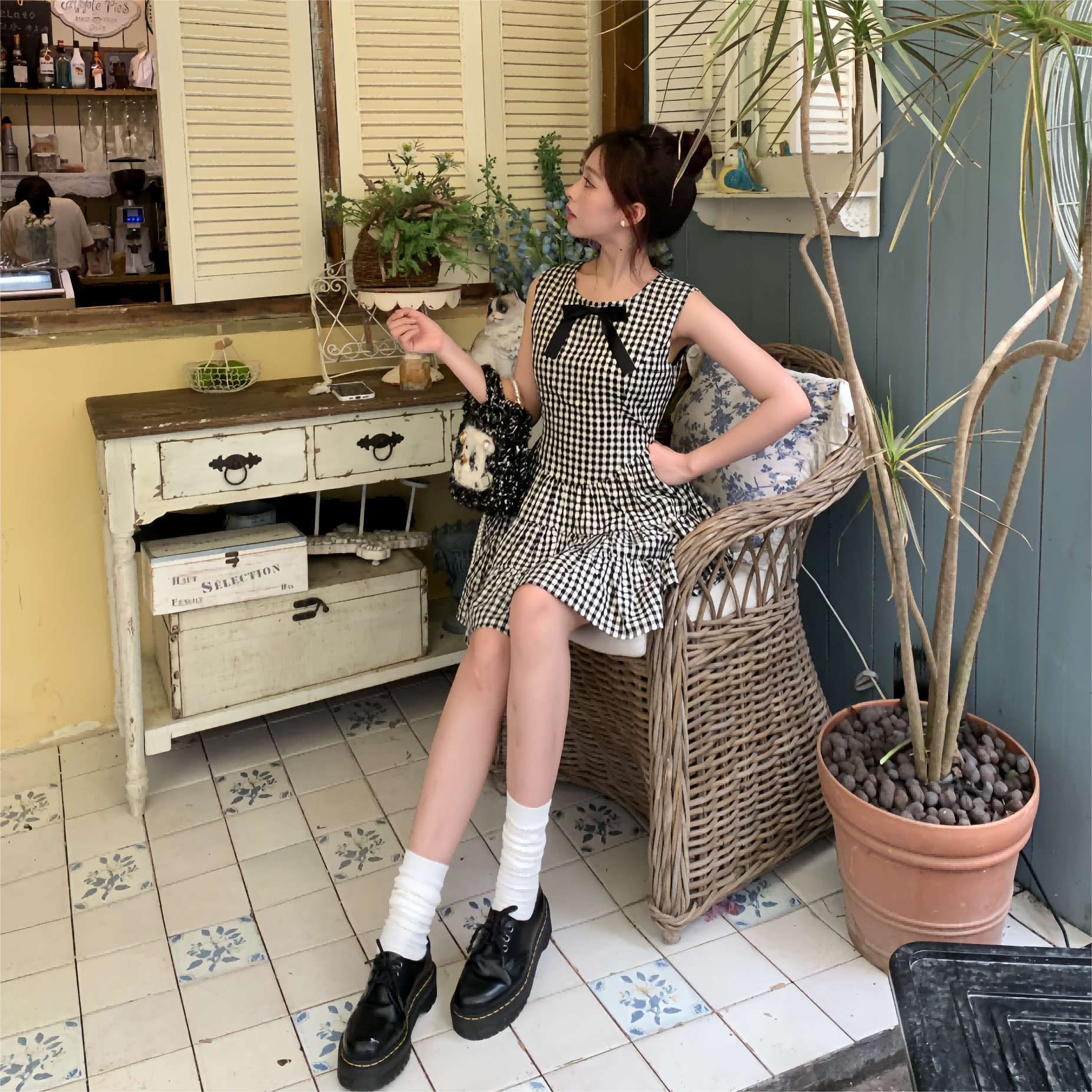 Bowoo黑白格子夏连衣裙收腰遮副乳吊带显瘦无袖生日公主小礼裙女