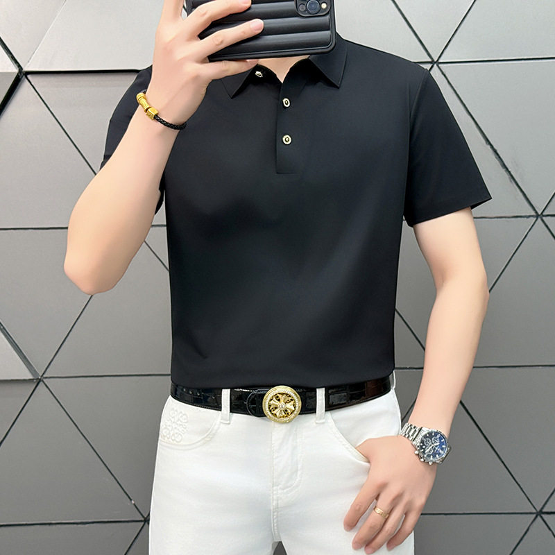 奢高级感冰丝短袖方领男免烫修身