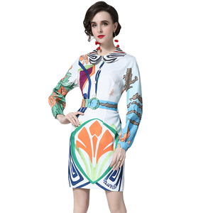 RY1500#娃娃领长袖不规则印花连衣裙