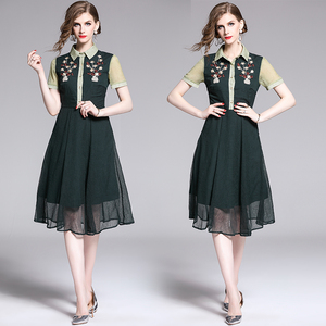 RY1494#端庄大气收腰衬衫领雪纺连衣裙中长款A字女裙