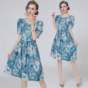 RY1501#花园油画花泡泡袖收腰宫廷法式复古连衣裙少女花色