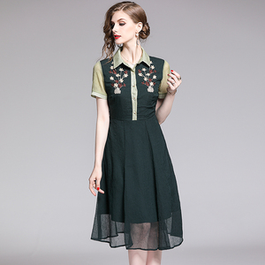 RY1494#端庄大气收腰衬衫领雪纺连衣裙中长款A字女裙