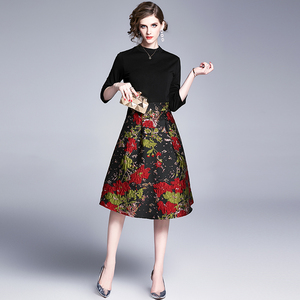 RY1499#提花拼接大摆连衣裙长裙通勤