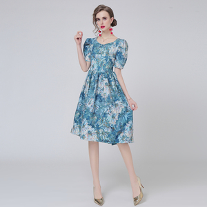 RY1501#花园油画花泡泡袖收腰宫廷法式复古连衣裙少女花色