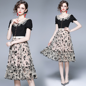 RM5424#新款蕾丝刺绣复古连衣裙短袖网纱公主裙送腰带