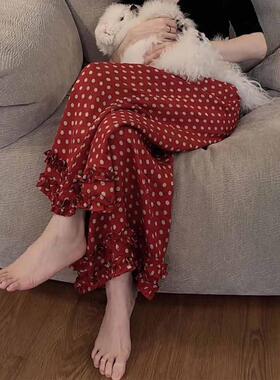 复古风红色波点花边裤女2025夏季新款小众时髦宽松薄款阔腿九分裤