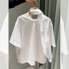 春夏小众设计简约高级宽松白色短袖T恤女慵懒风洋气圆领飘带上衣