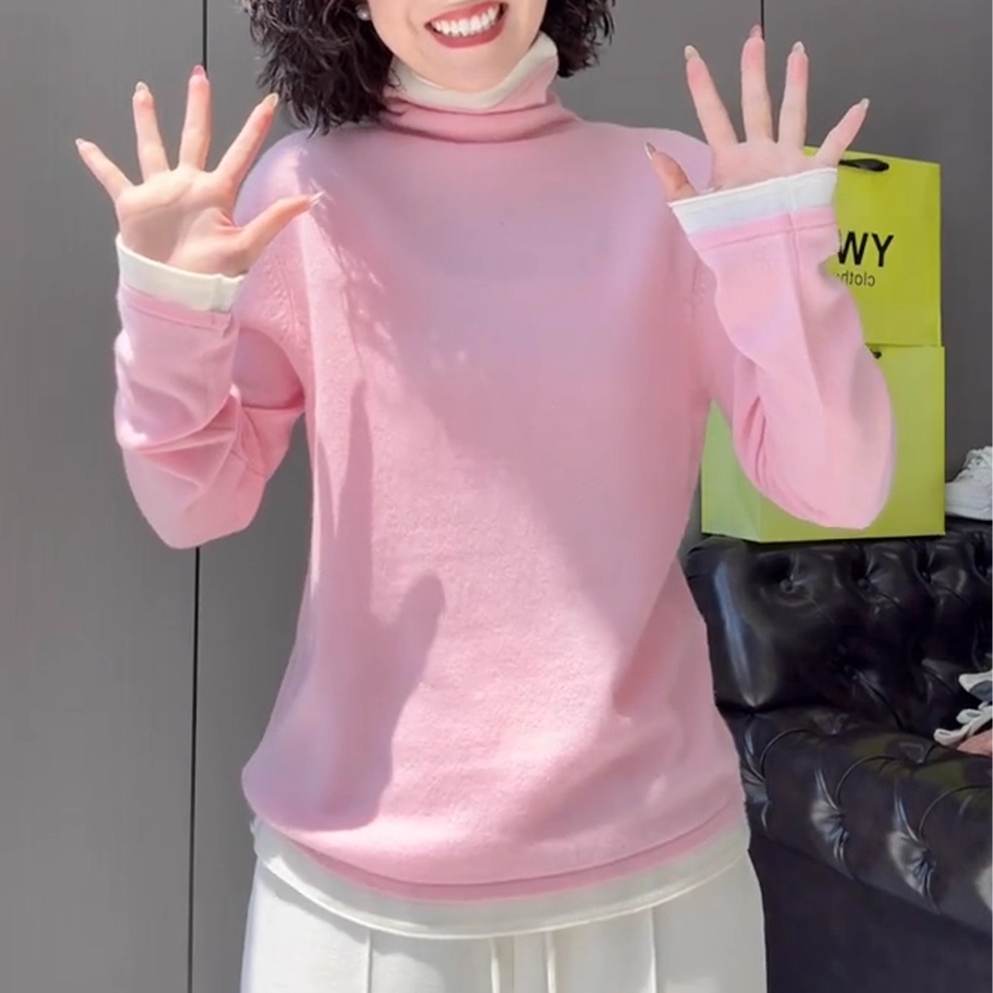 大码粉色堆堆领假两件上衣女2025