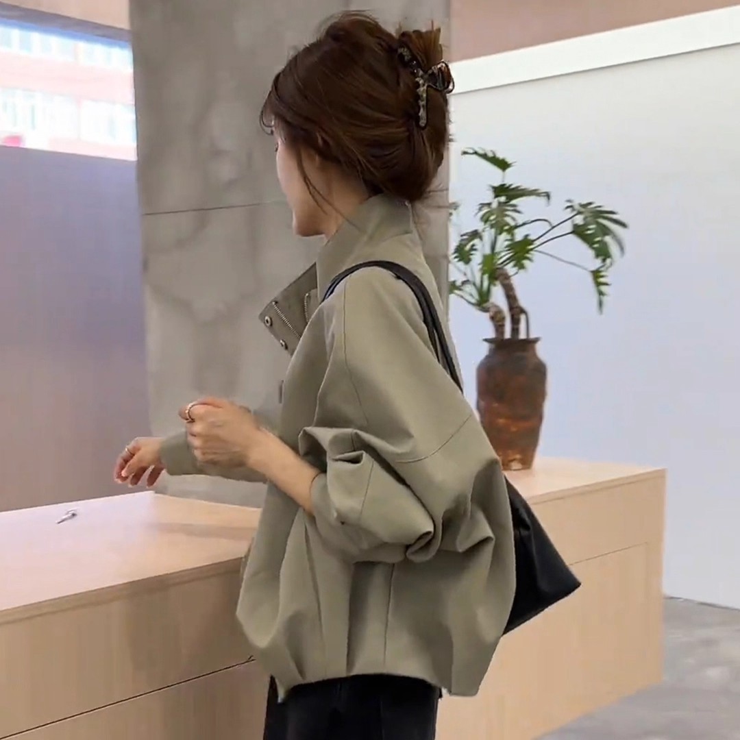 美式复古卡其绿冲锋衣外套女