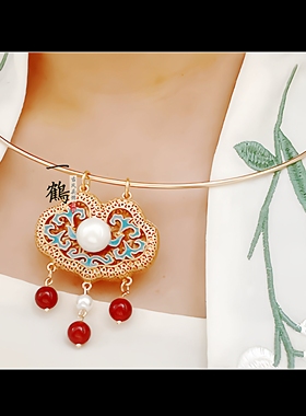 原创【福兮】国风仿点翠景泰蓝平安锁古风项圈璎珞明制汉服长命锁