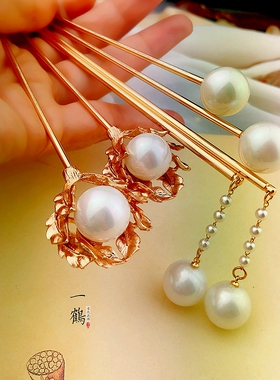 一鹤发簪纯铜简约高亮珍珠日常