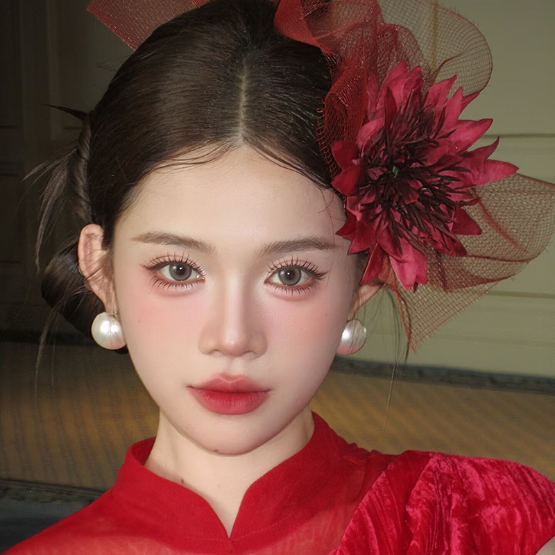中式红色花朵头饰复古旗袍礼服