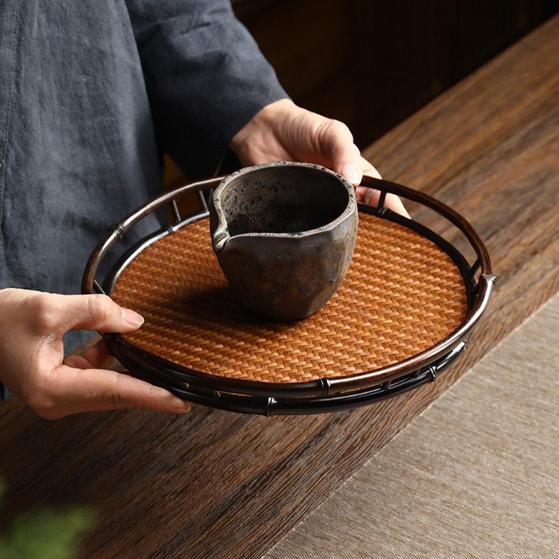 手工竹编茶盘家用梅鹿竹制收纳盘文盘干泡台圆形托盘藤席功夫茶具