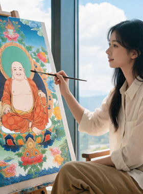 大肚弥勒佛纯棉油画布唐卡描金