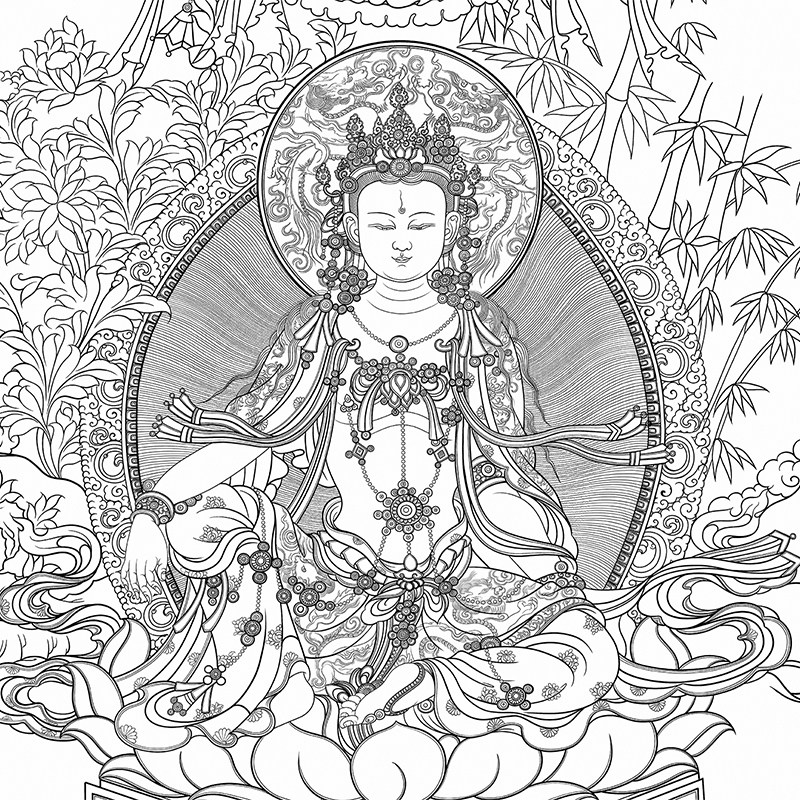 西藏唐卡描金 西方三圣 观世音菩萨 线稿 佛像涂色上色 diy自己画