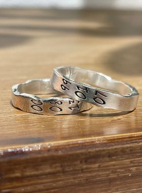 手工定制男女足银波浪涂鸦戒指