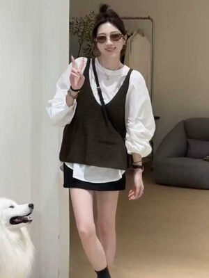 韩系简约马甲背心套装女2025春新款小个子洋气减龄叠穿衬衫两件套