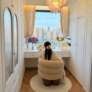 梳妆椅单人沙发椅女生衣帽间卧室梳妆台轻奢羊羔绒化妆椅子化妆凳