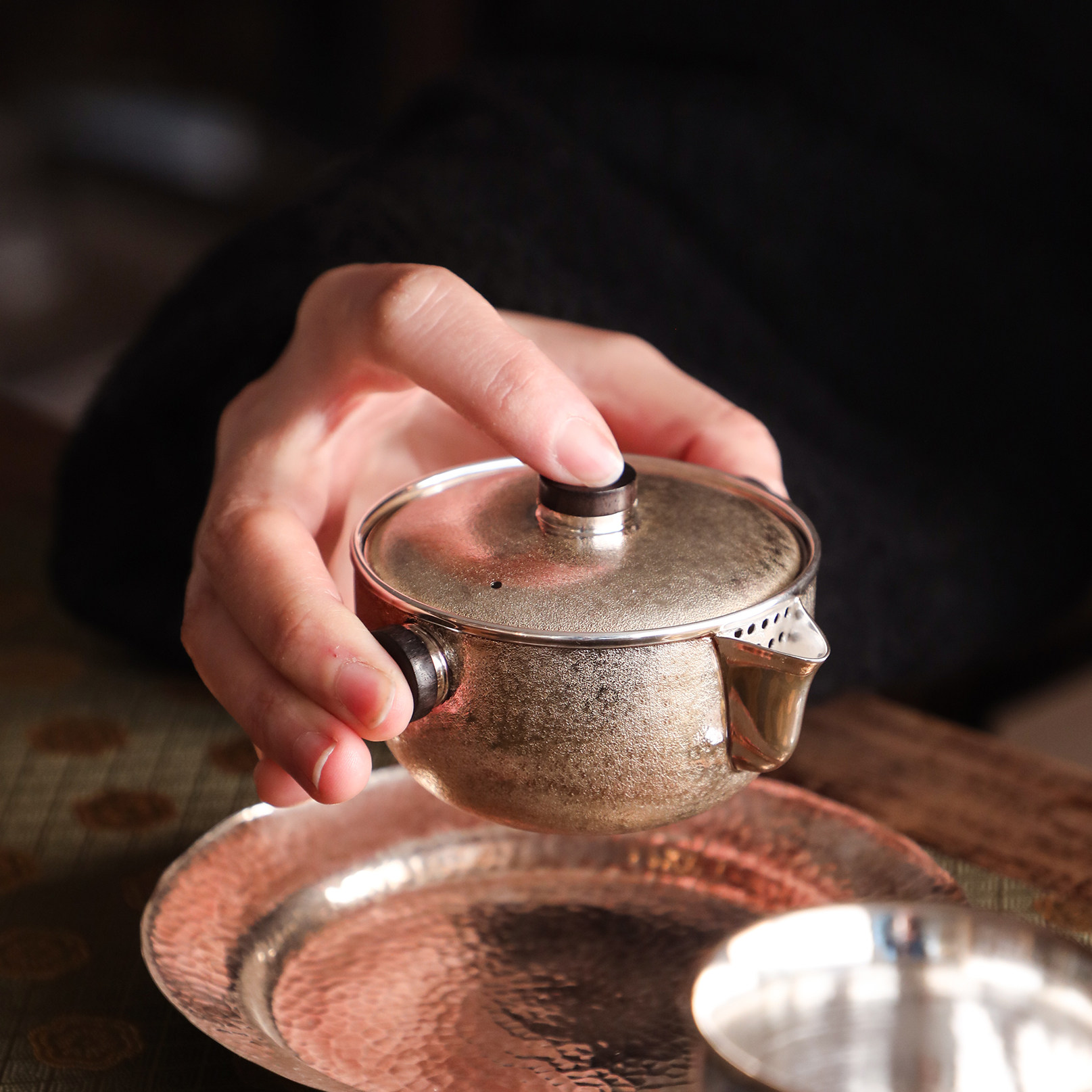 纯银时代锤目手抓泡茶银壶足银999日式手工小号便携宝瓶盖碗125ml