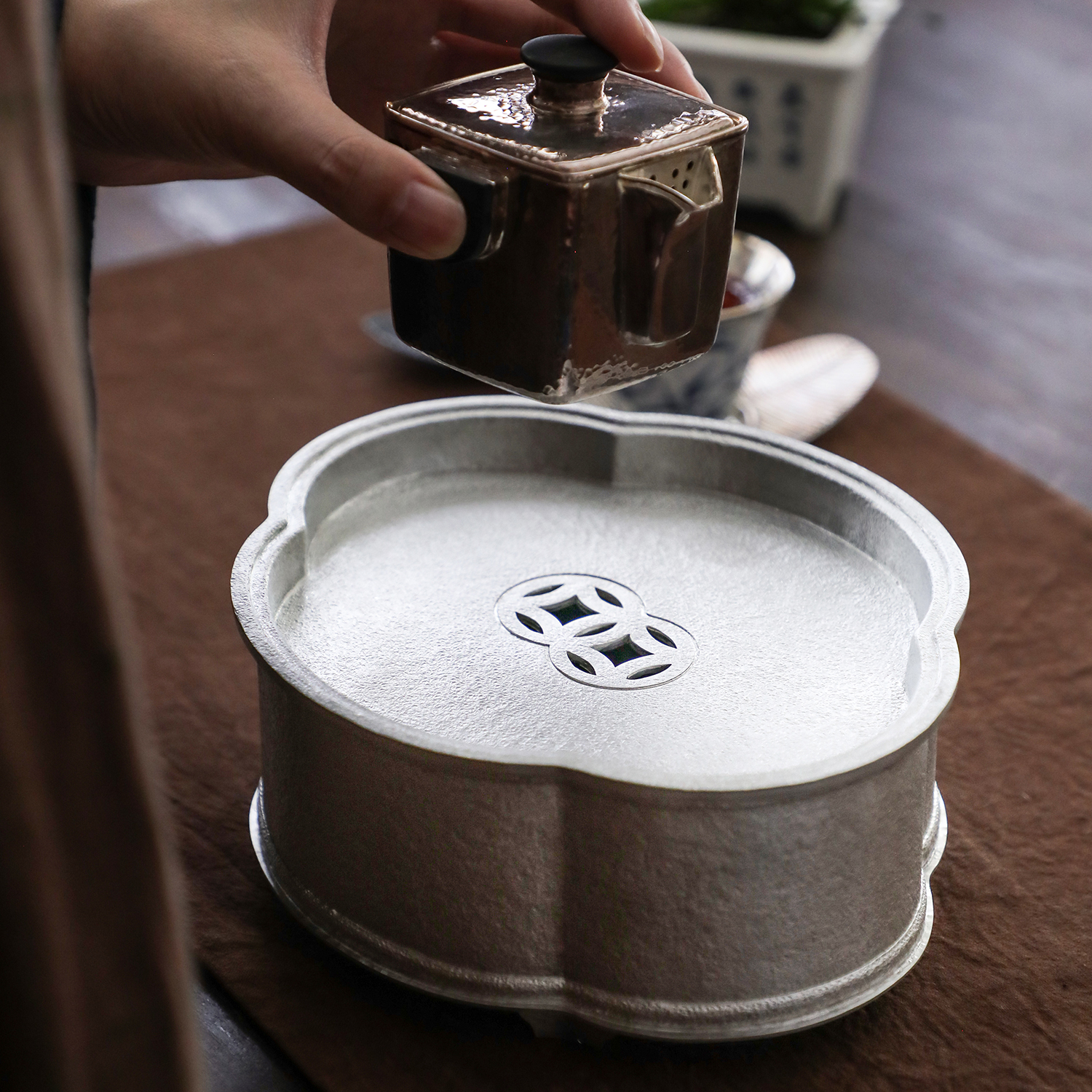 秦藏阁纯手工纯锡海棠锡壶承茶盘