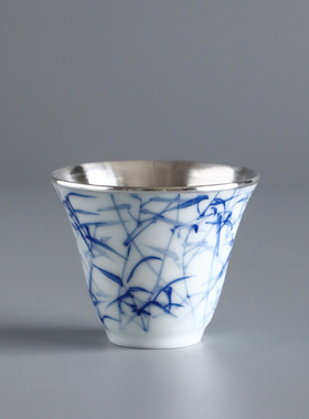 纯银时代 竹枝纹瓷包银主人茶杯足银999杯子品茗个人单杯60ml