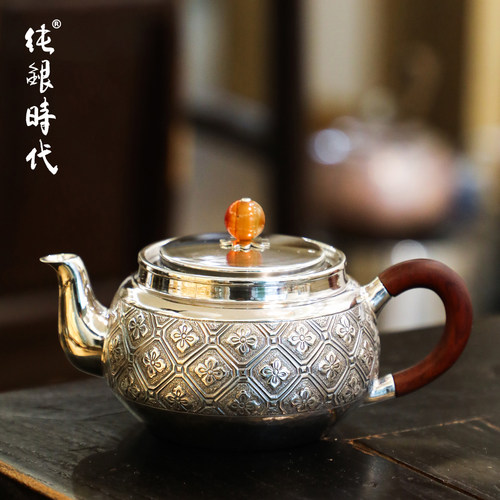 足银999泡茶银壶中式手工錾刻