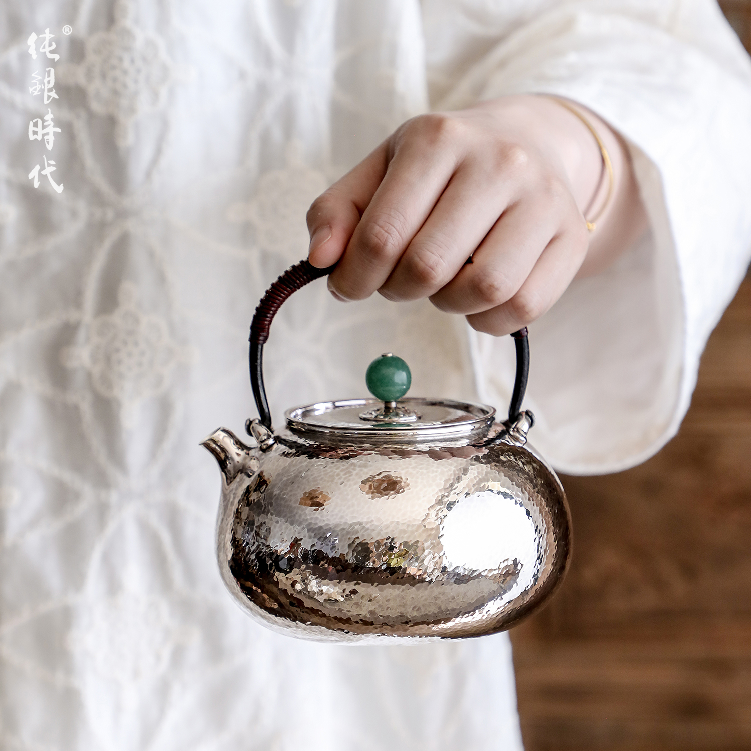 纯银时代锤纹足银玉摘烧水壶茶壶
