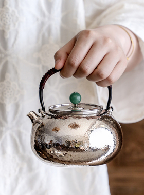 纯银时代玉福袋银壶烧水壶铁提梁玉摘足银999云南纯手工小600ml