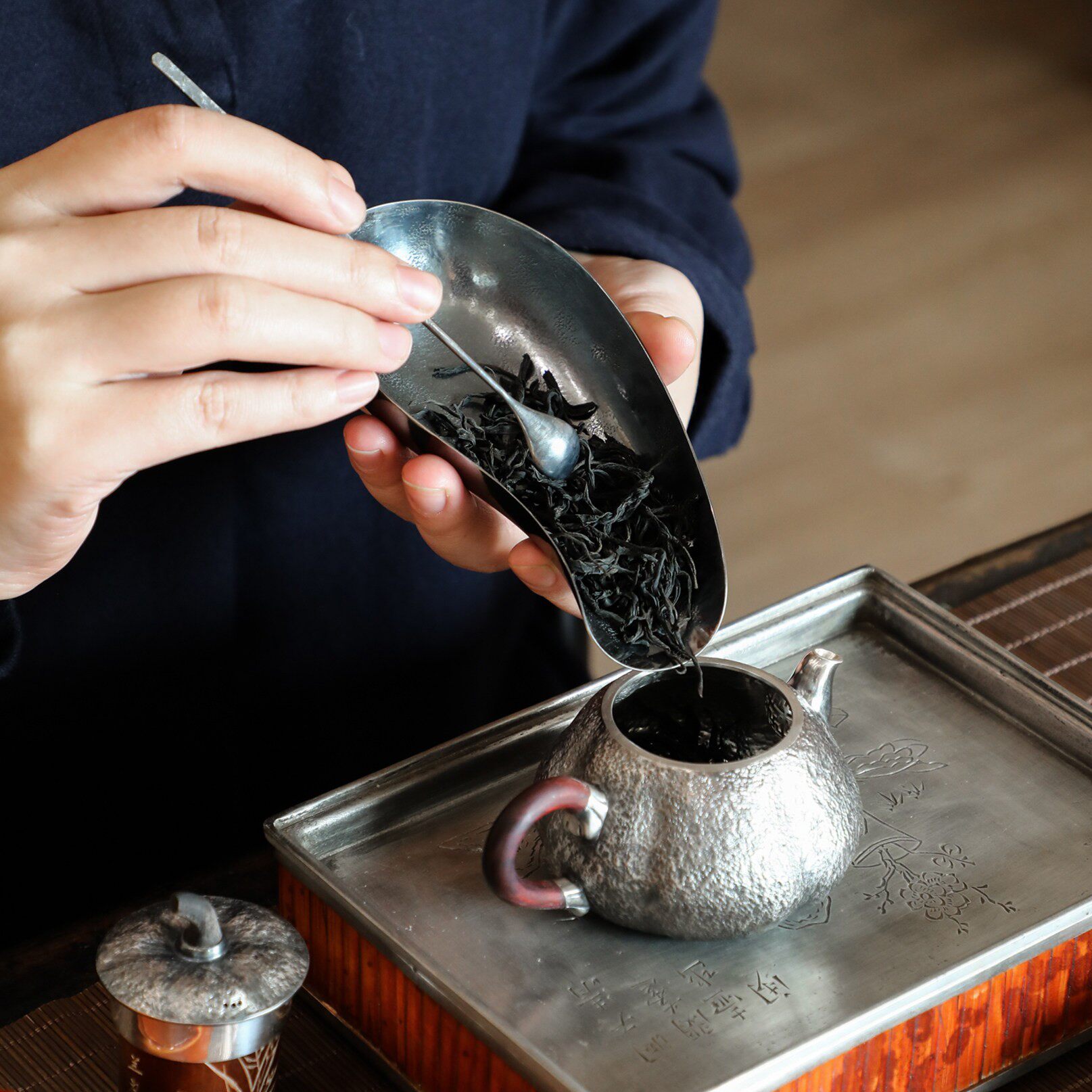 纯银时代 福禄茶则茶勺套装足银999纯手工茶荷茶具高端轻奢通用
