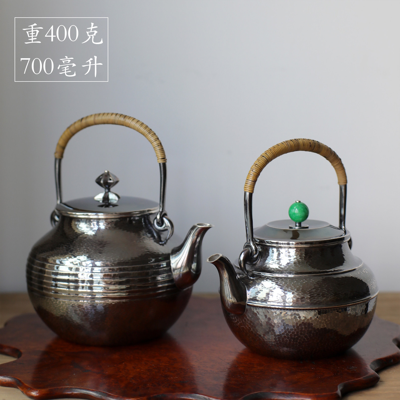 纯银时代 做旧双线锤纹银壶 足银999烧水壶手工茶壶茶具700ml