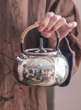 纯银时代日式真锅静良足银999烧水壶茶炉煮泡茶壶锤纹一张打760ml