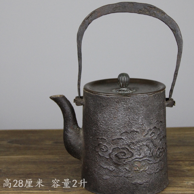 秦藏阁 日本老件直筒型云龙浮纹砂铁老铁壶 煮水老铁瓶