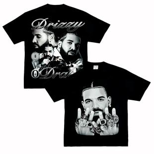 小领口说唱嘻哈rap街头复古VTG宽松纯棉长短袖 美式 T恤 Drake 公鸭