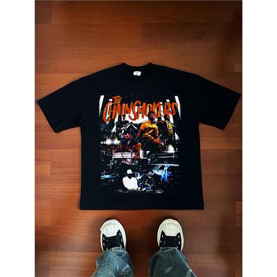 DJ 烟鬼组合 The Chainsmokers 美式小领口做旧街头复古长短袖T恤