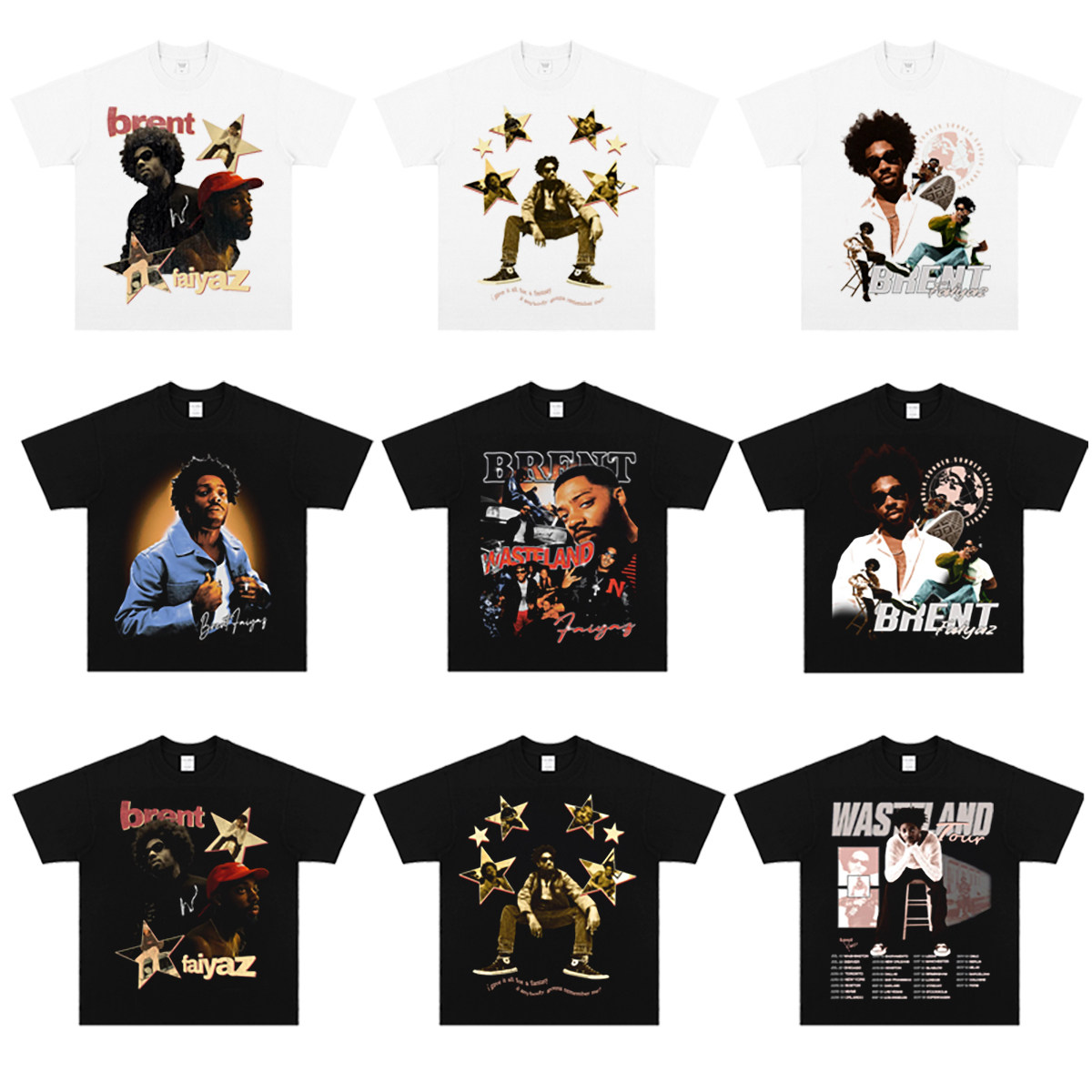 R&B歌手Brent Faiyaz美式小领口做旧纯棉短袖 数码喷墨透气印花