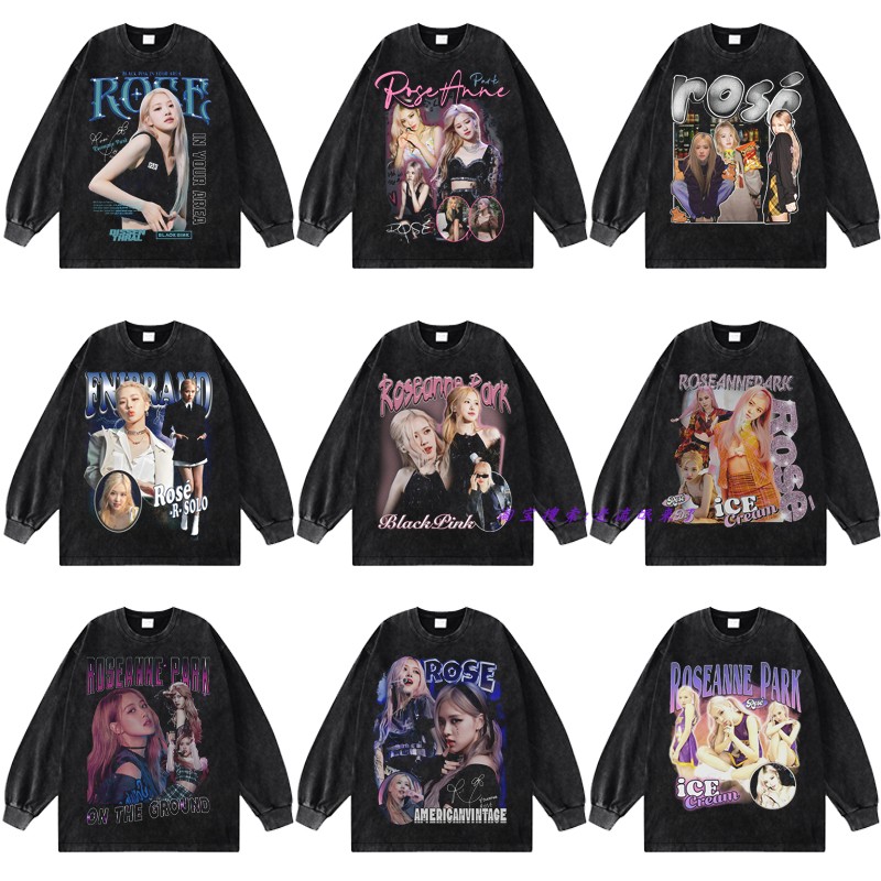 朴彩英rose美式长袖打底连帽卫衣 数码印花重磅复古水洗vtg做旧棉