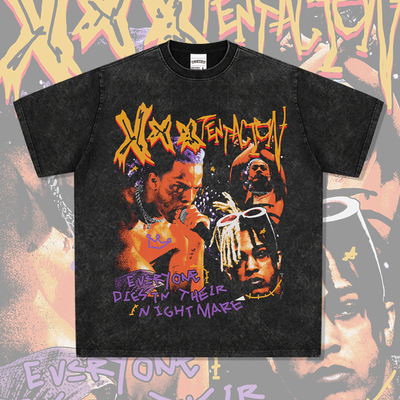 XXXTentacion嘻哈说唱美式街头潮牌复古印花做旧水洗重磅宽松短袖