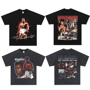 致敬Muhammad Ali拳王阿里运动休闲复古美式小领口宽松短袖T恤