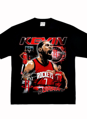 火箭 杜兰特 Durant 美式篮球小领口复古纯棉街头宽松长短袖T恤潮